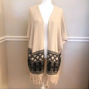 American Rag Medium Open Front Boho Cardigan Cream Black Fringe
